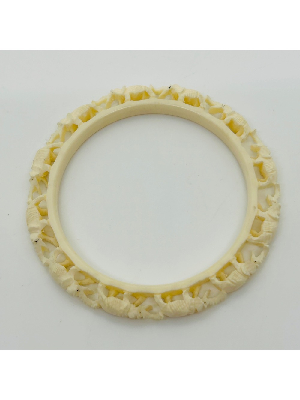 Vintage Carved Celluloid Elephant Bangle Bracelet Cream Plastic Walking Art Deco